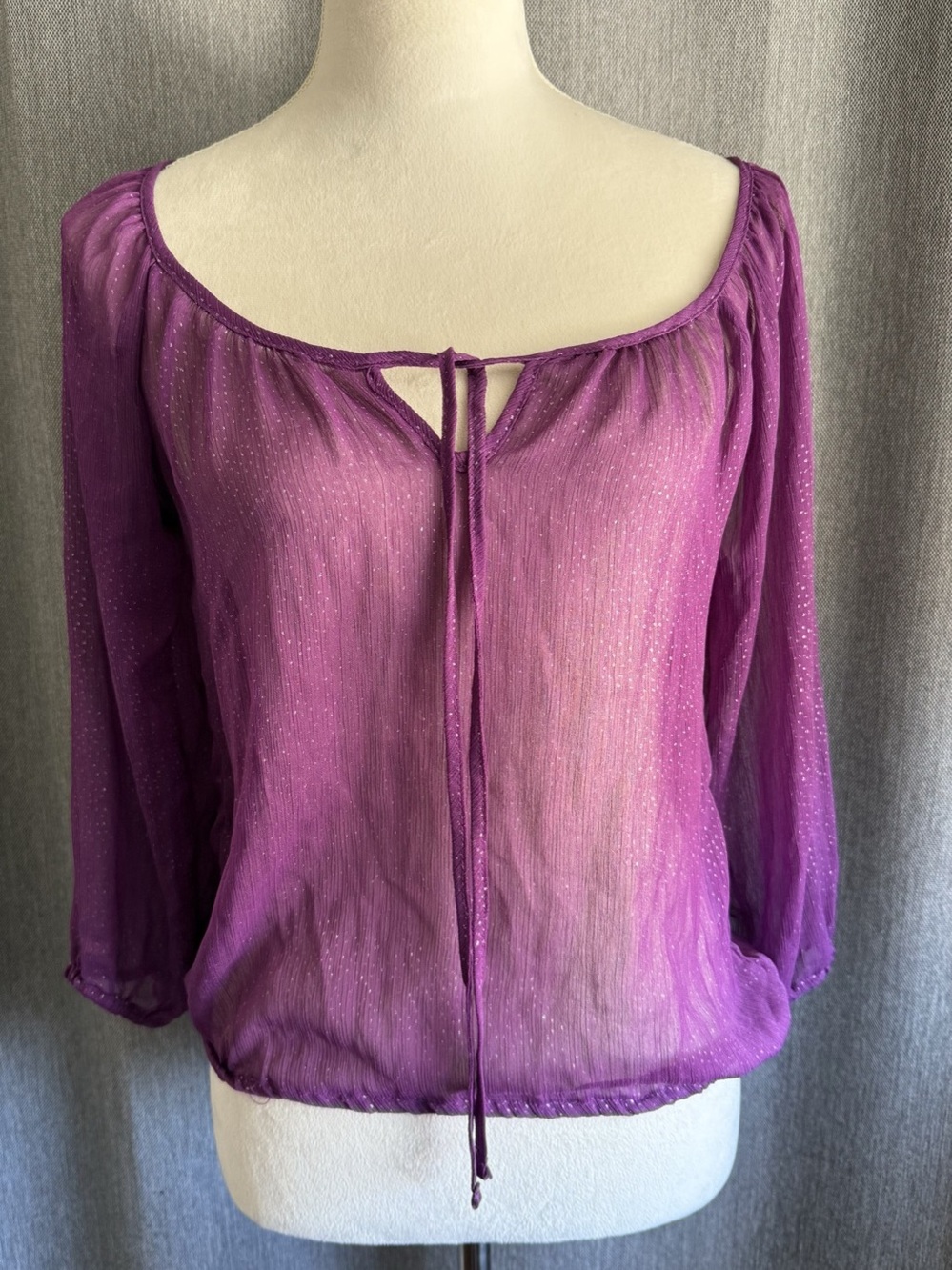 Dream Out Loud Purple Sheer Tie Neck Blouse Size Small